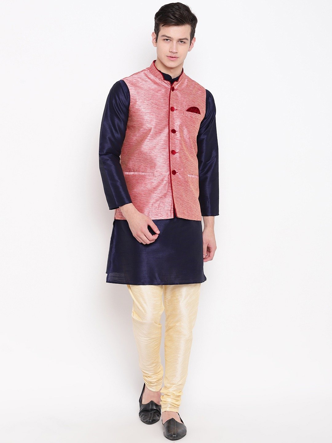 Ethos White raw-silk kurta set features plain design kurta & pants,  contrast intricate ogee jacquard sleeveless jacket