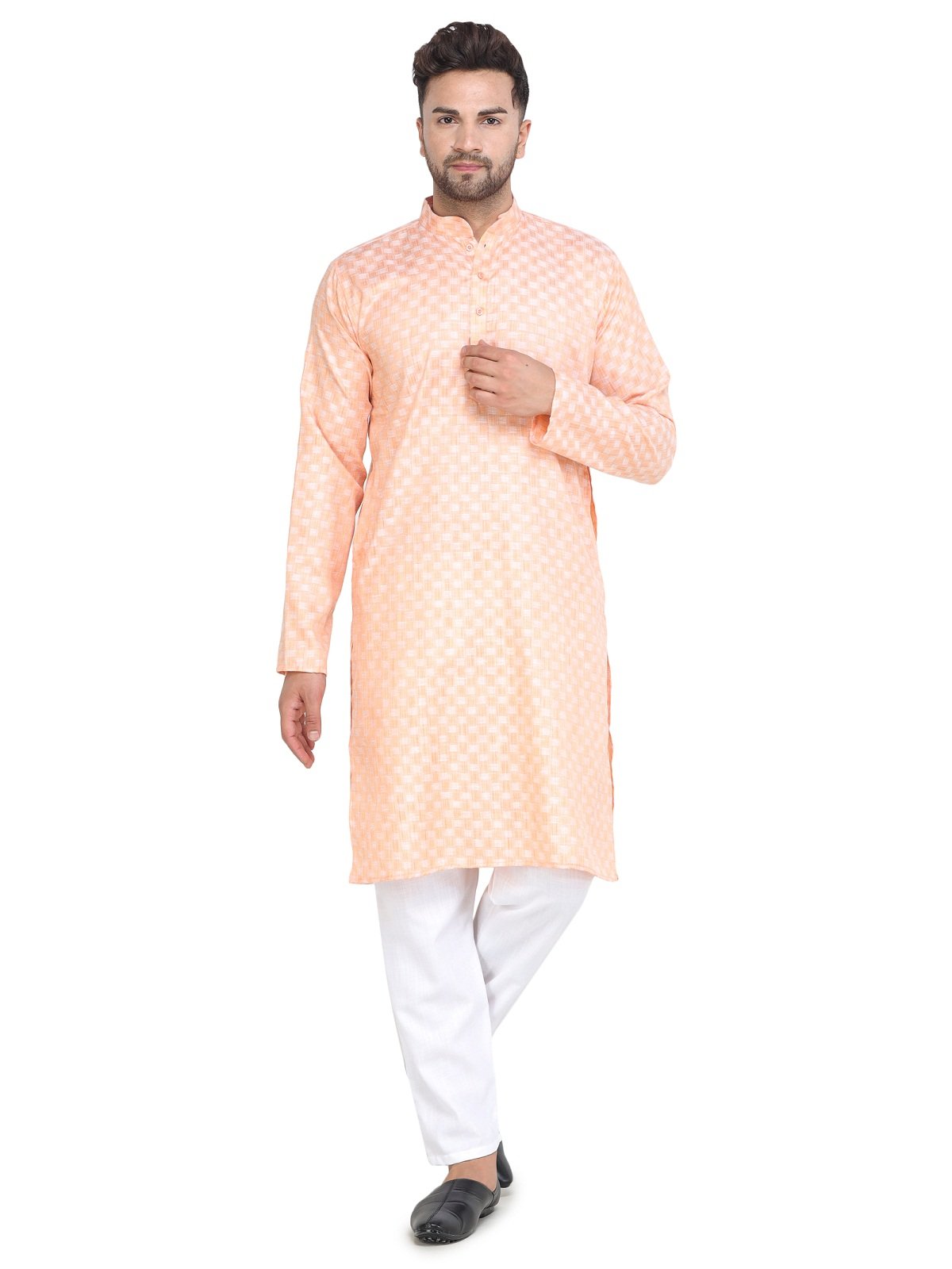 Mag Men s Light Orange Casual Cotton Blend Check kurta pyjama set